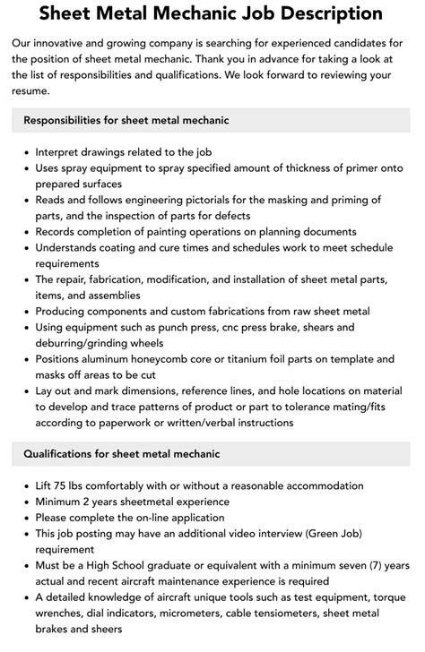 hvac sheet metal mechanic job description|sheet metal technician job description.